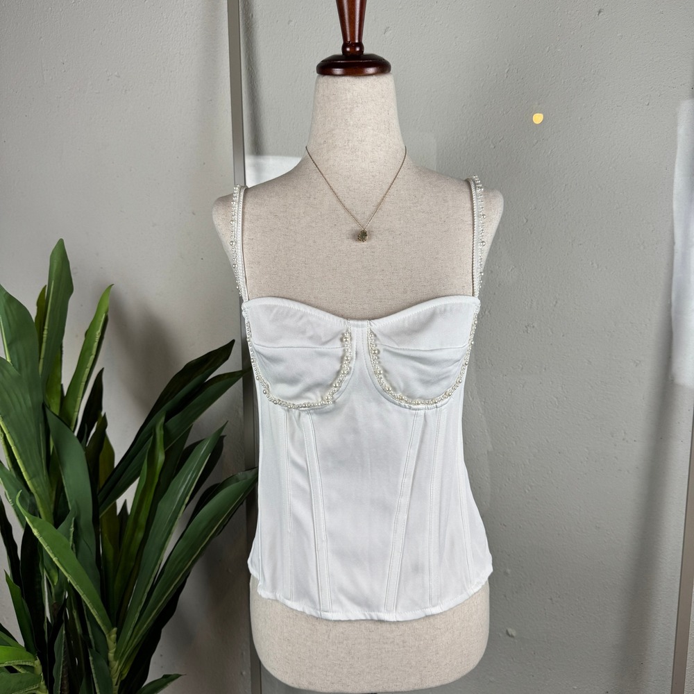Coquette Dainty Romantic Feminine PrettyLittleThing White Corset Pearl Trim Sz 6